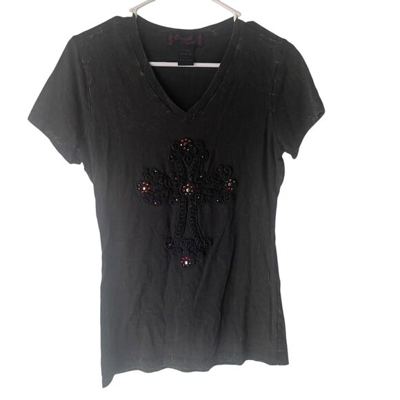 Cowgirl‎ Legend Size Medium Rodeo Hustler Grunge Cross Bling Black T Shirt - Picture 2 of 8
